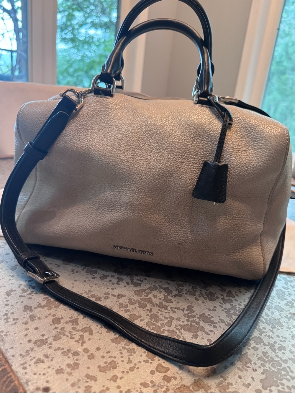 Michael Kors Two-Tone Pebbled Leather Satchel in Cream and Black